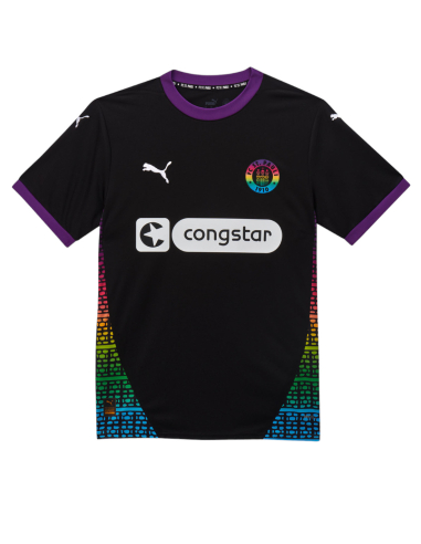 St. Pauli - Jersey - 2024/25 - Three - Black/Rainbow St. Pauli's third jerseyColour: Black / Purple / Rainbow Material: 100% recycled polyester FCSP Sustainable Product: Sustainable material large congstar front print colourful FCSP logo on the left chest - Puma logo on the right chest No Borders